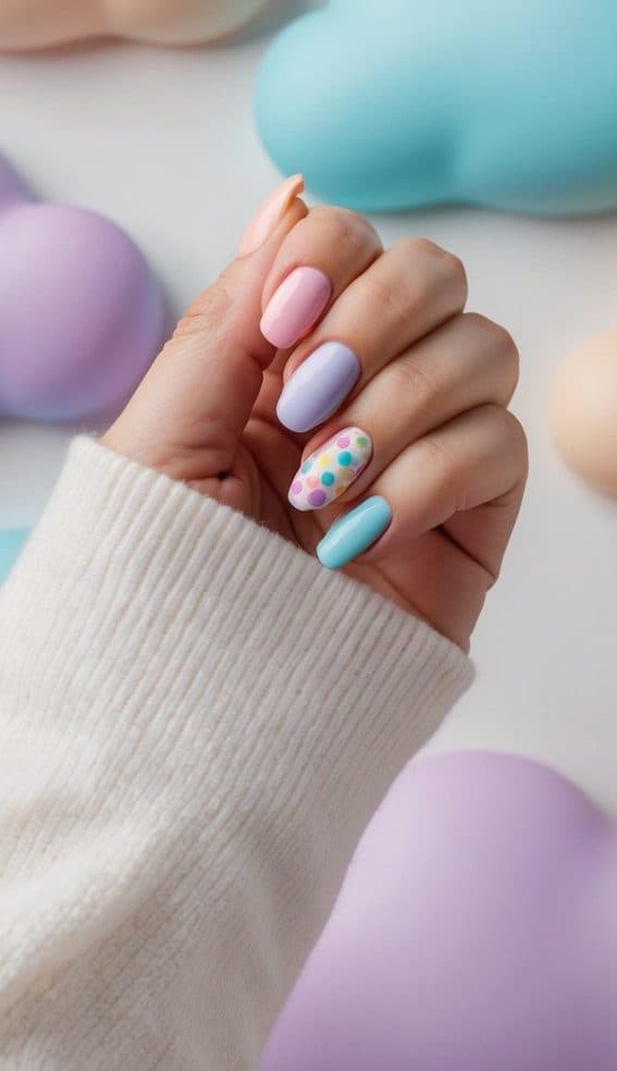 A colorful nail art palette against a backdrop of sweet pastel clouds
