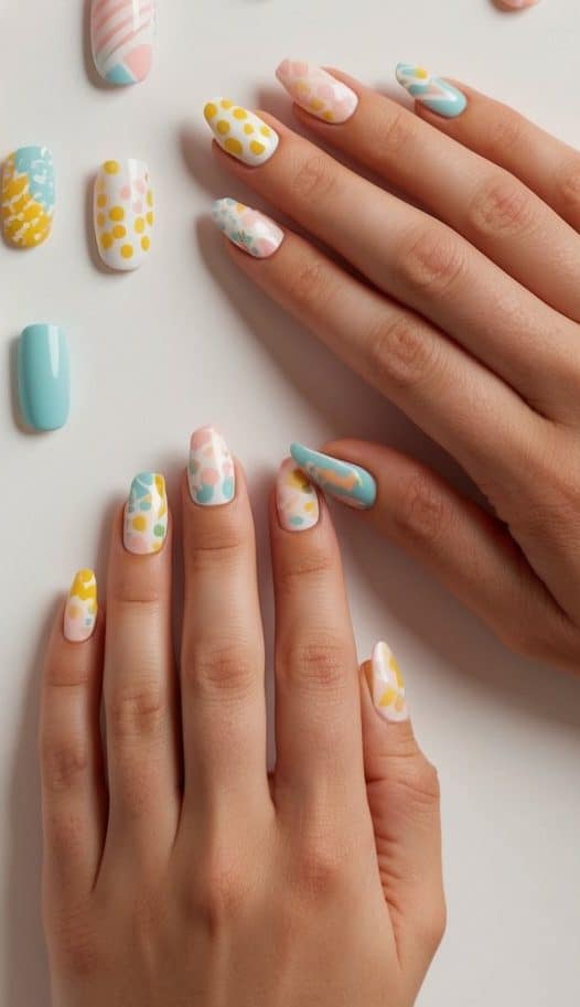 A collection of 50 nail art designs with playful patterns and pastel shades displayed on a matte finish background