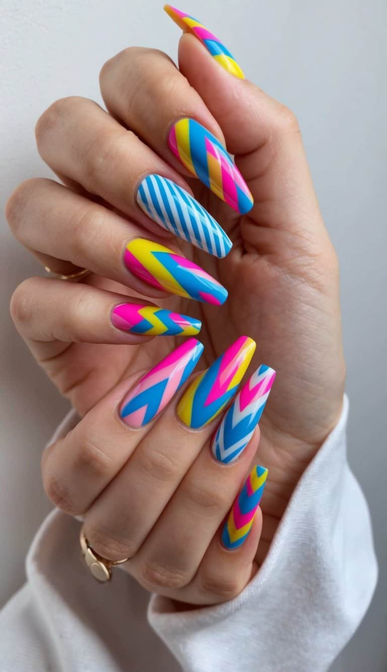 Vibrant chevron stripes in 50 nail art designs, showcasing a colorful and trendy aesthetic