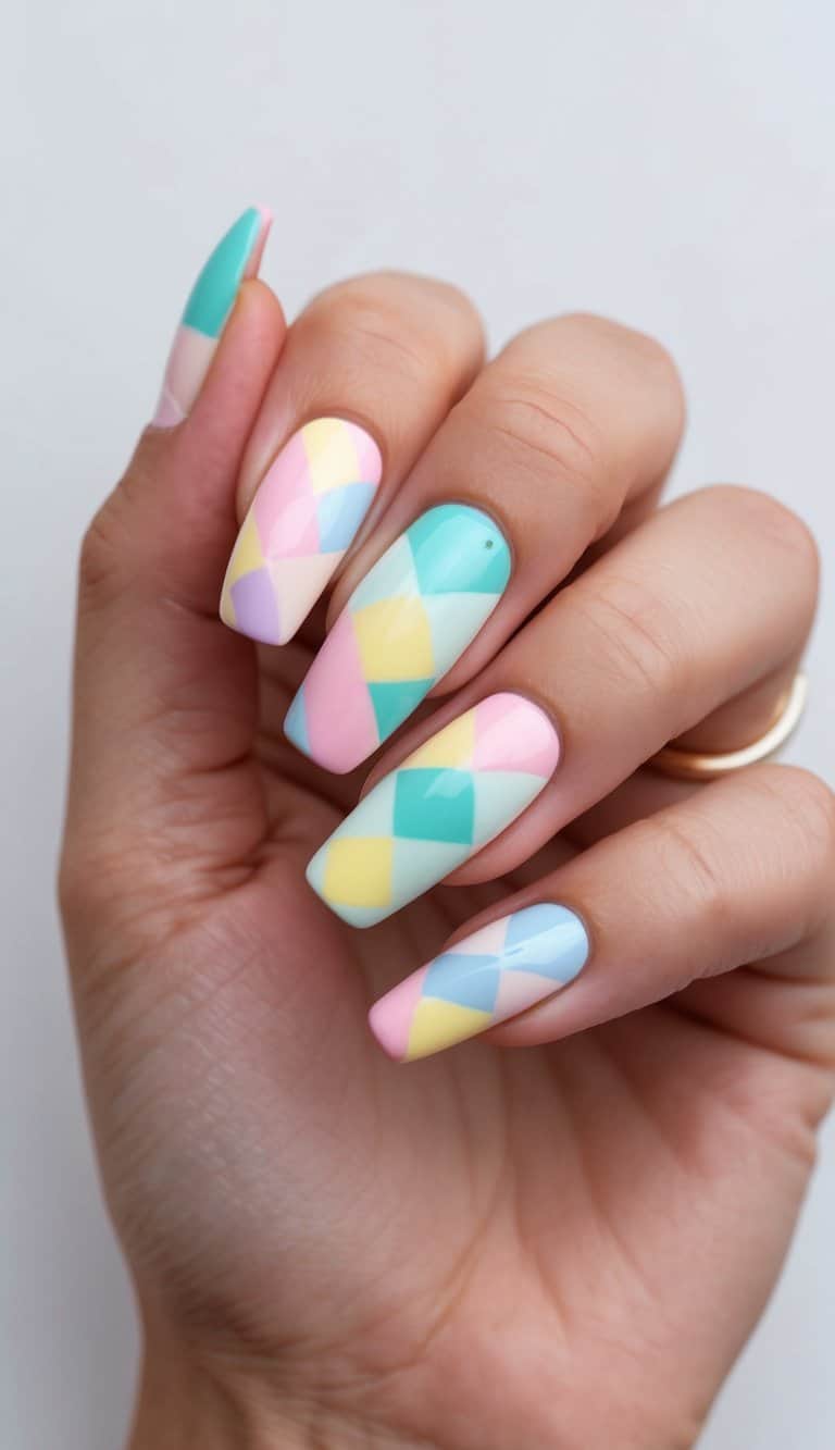 A colorful checkerboard pattern nail art design with pastel shades and playful designs