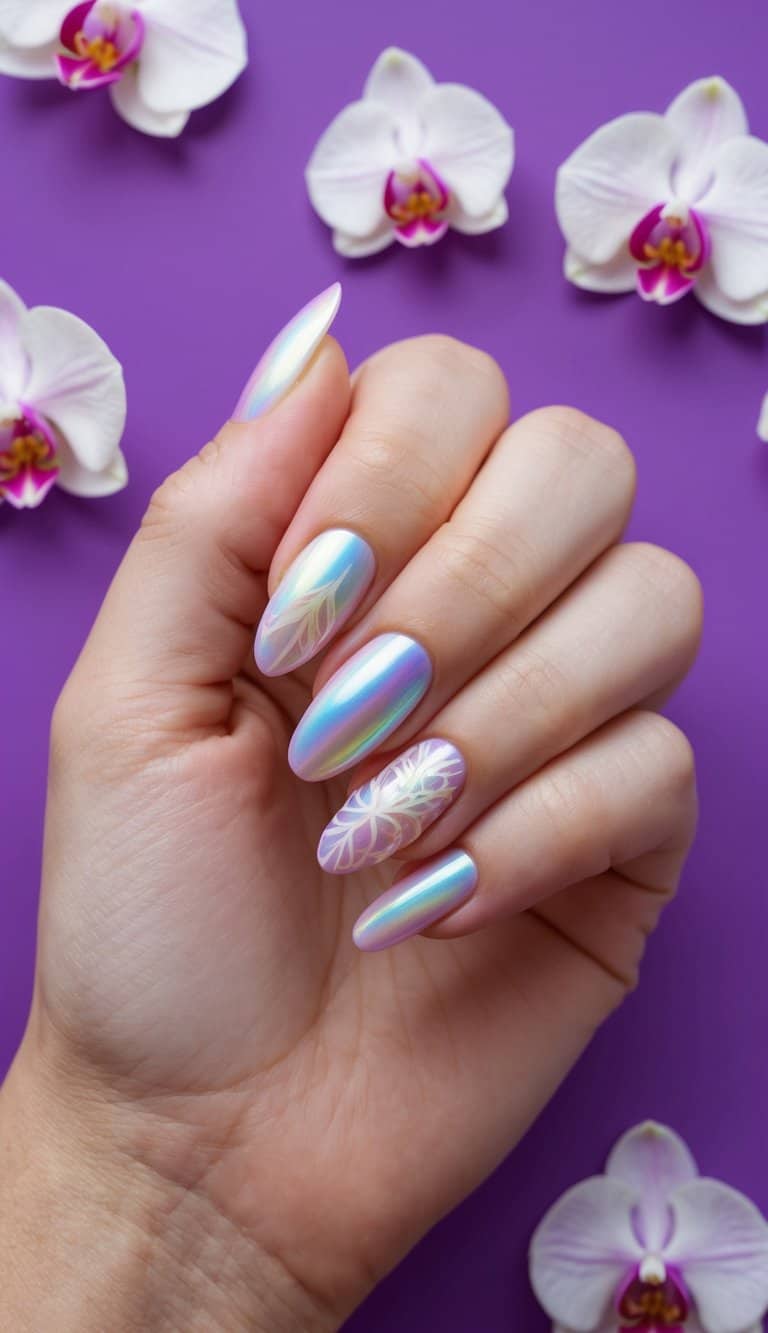 A close-up of iridescent orchid nail art on a purple background with various cute designs