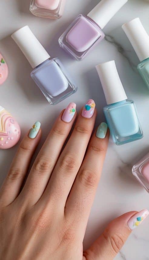 A set of pastel-colored nail polish bottles arranged on a marble surface, surrounded by playful and cute nail art designs