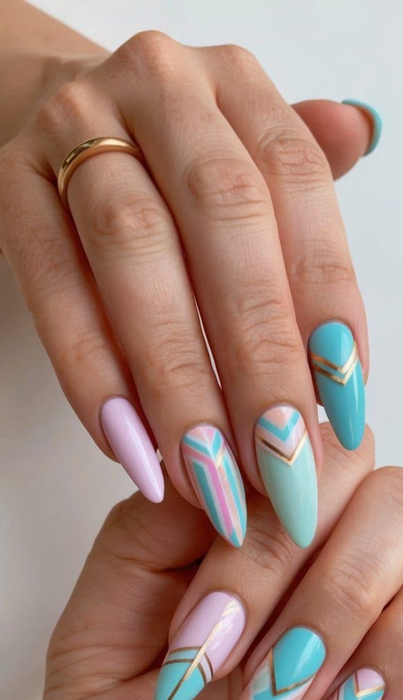 A collection of playful Art Deco-inspired nail art designs with pastel shades and geometric patterns