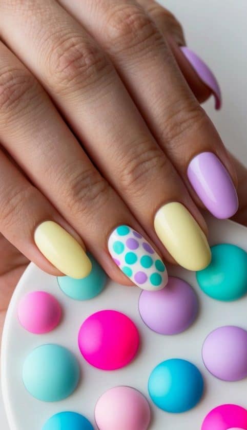 Vibrant pastel dots in 50 shades, arranged in a colorful nail art palette