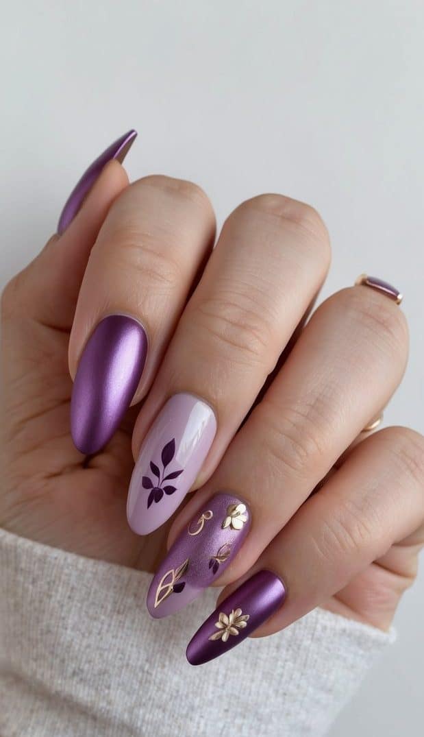 A set of metallic mauve nails with various cute purple designs