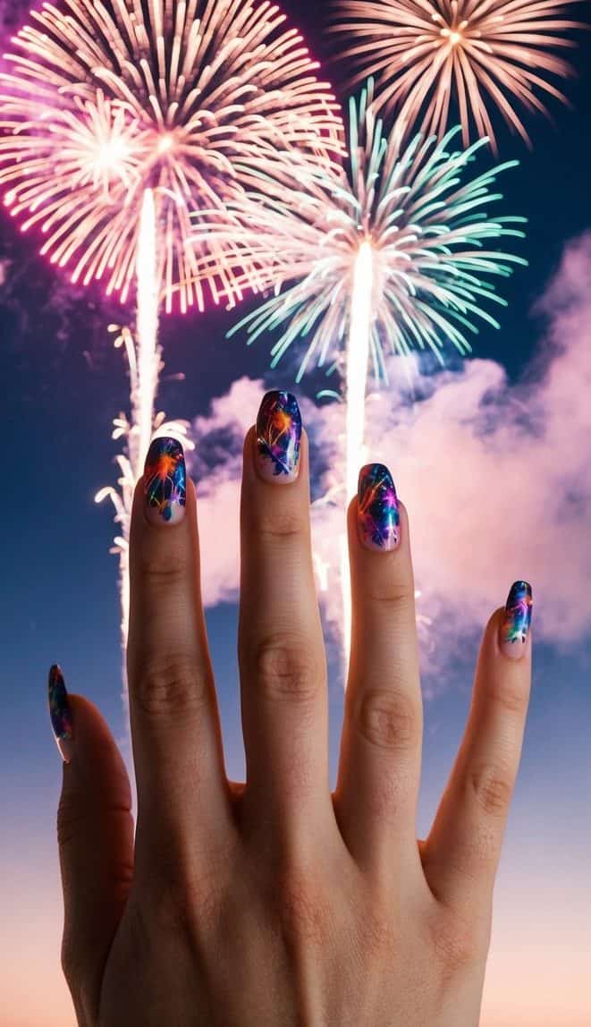 A vibrant fireworks display illuminates the night sky, bursting with bold and colorful explosions