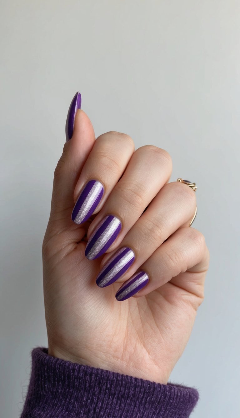 A close-up of purple and silver striped nail art on a plain background