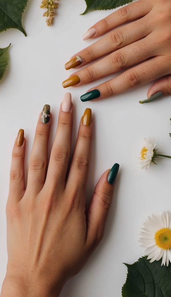 A palette of earthy tones and vibrant colors arranged on a clean, minimalist surface, surrounded by natural elements like leaves and flowers