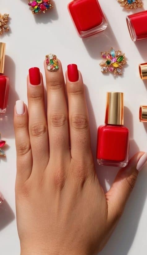 A vibrant array of red and gold nail polish bottles arranged on a sleek, white surface, surrounded by colorful nail art designs and accessories