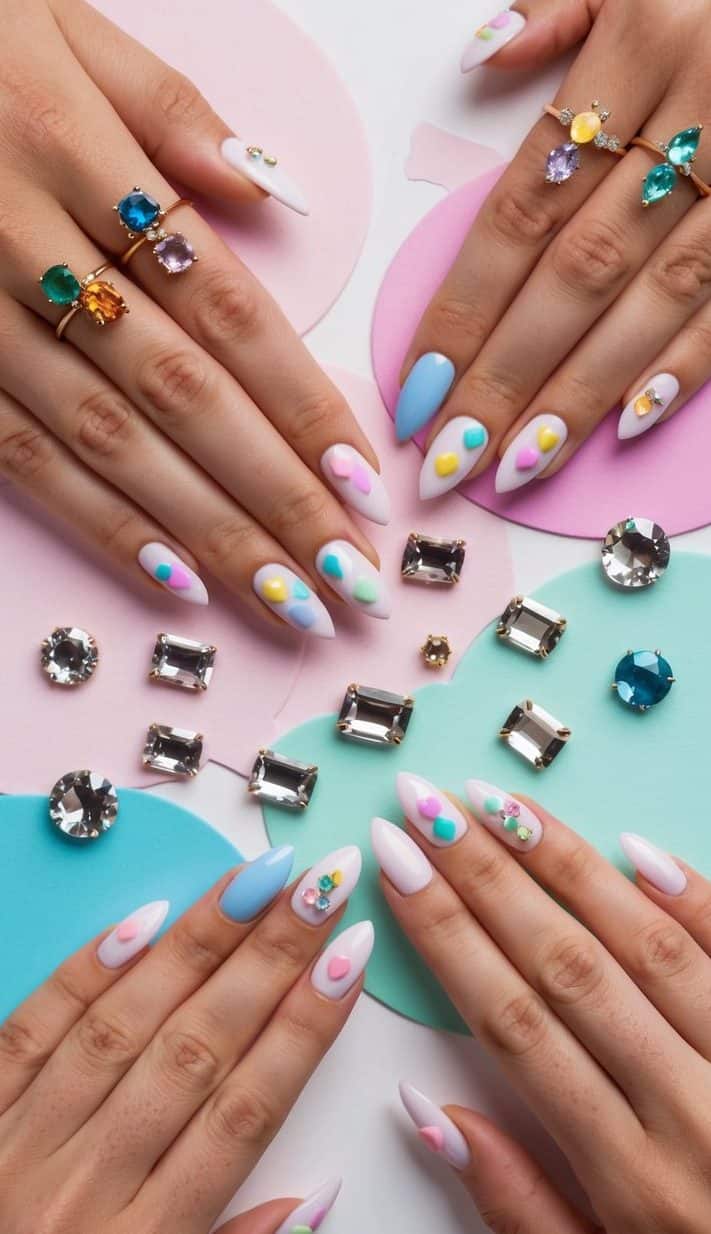 A collection of colorful crystals and gems arranged in playful designs on pastel backgrounds for cute nail art inspiration