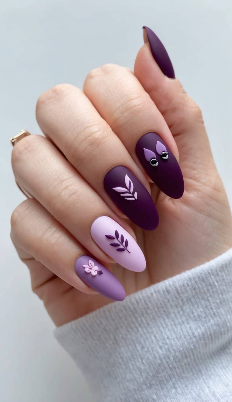A close-up of matte plum nails with various cute purple designs
