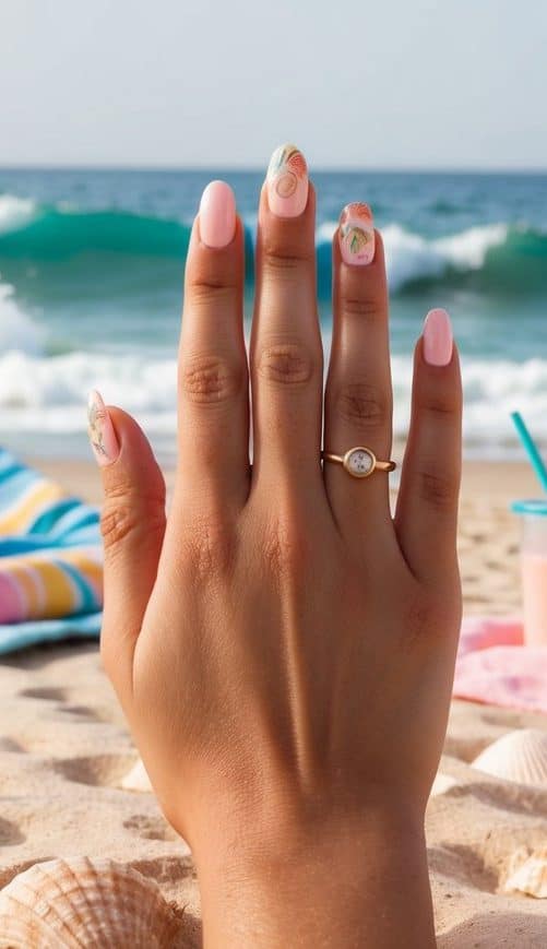 A sandy beach with colorful umbrellas, seashells, and waves crashing on the shore. Pastel-colored beach towels and a refreshing drink complete the summer vibe