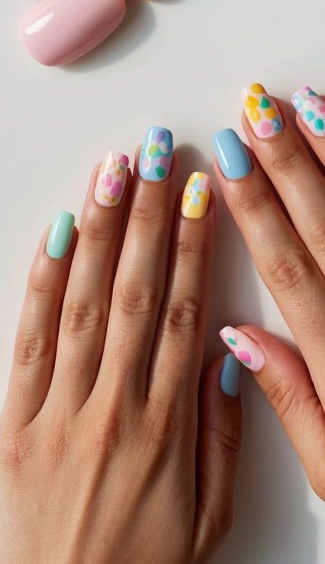 A collection of 50 playful nail art designs with pastel shades and glossy topcoats, displayed on a clean, white surface