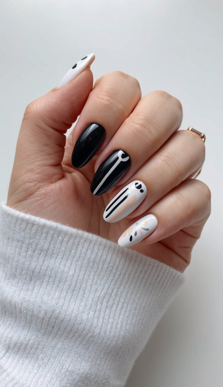 A sleek black and white nail art display with playful designs and pastel shades