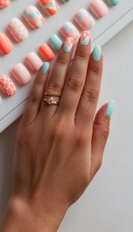 A nail salon display featuring 50 playful nail art designs with vivid coral accents and pastel shades