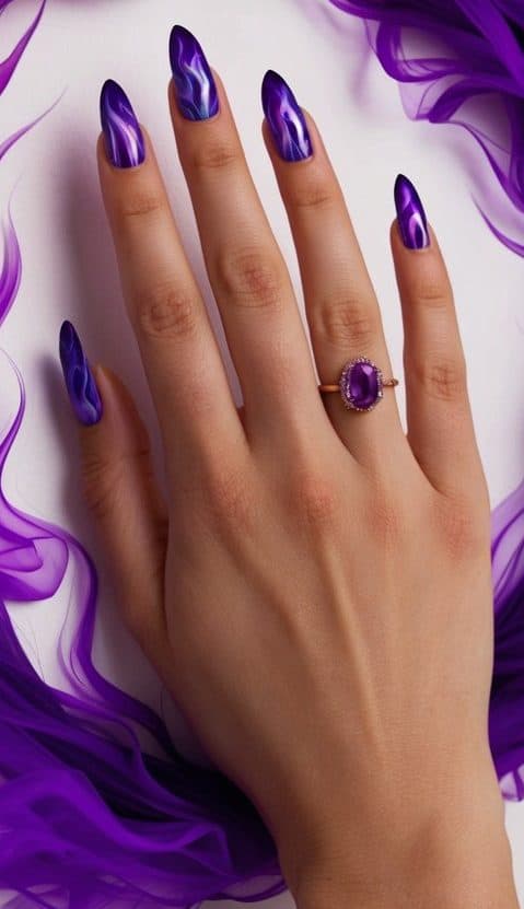Electric purple flames swirling around a collection of 50 adorable purple nail art designs