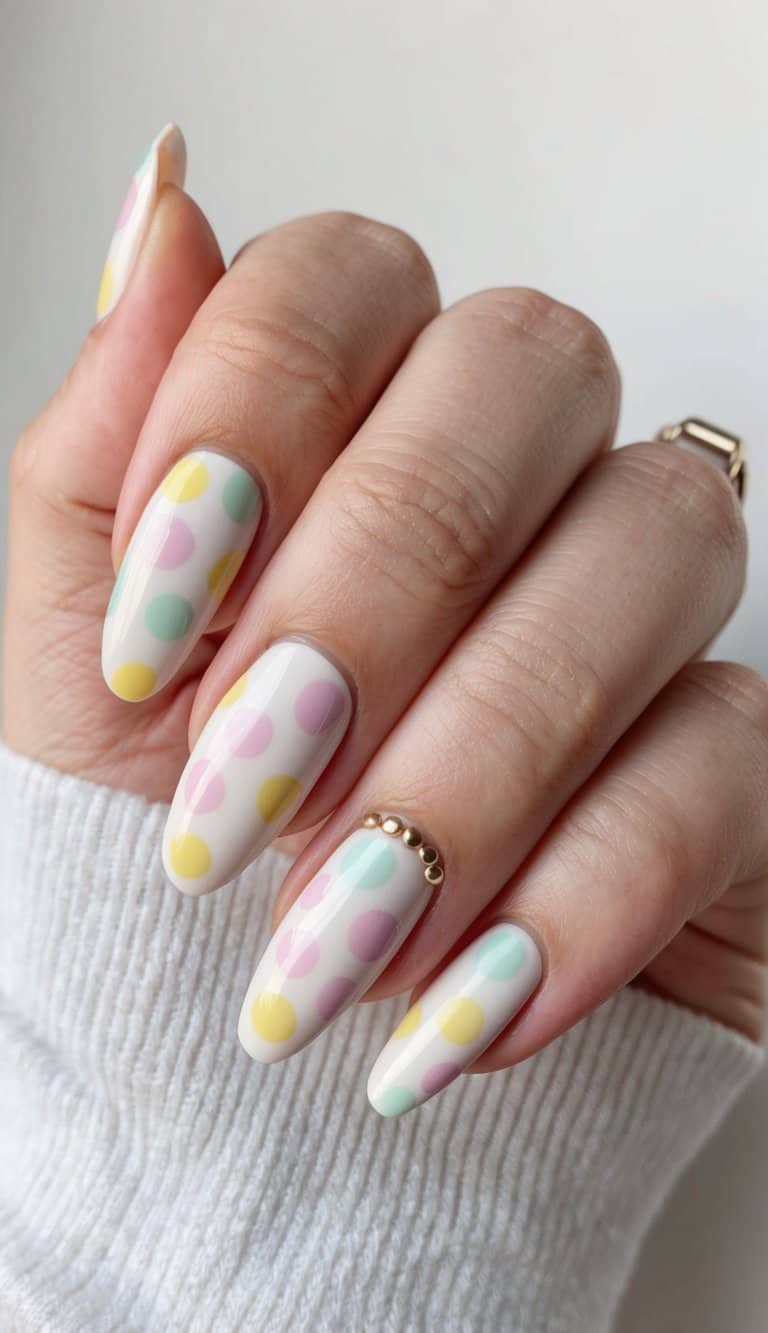 A vintage-inspired nail art scene with playful polka dot designs and pastel shades