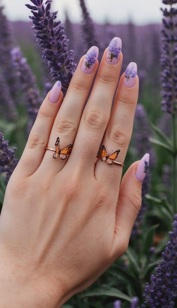 A field of lavender flowers with butterflies fluttering around