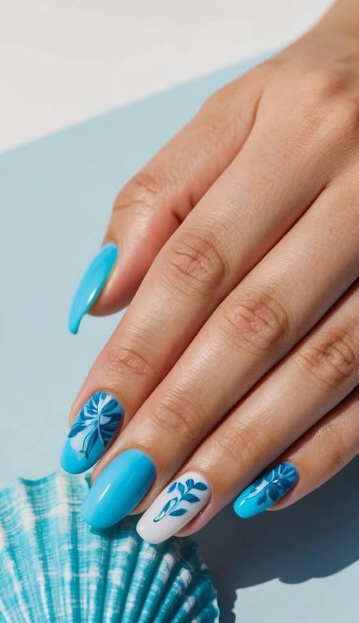 Stylish turquoise and white nails featuring intricate deep blue floral patterns, creating a cute and modern manicure with a fresh, botanical vibe.