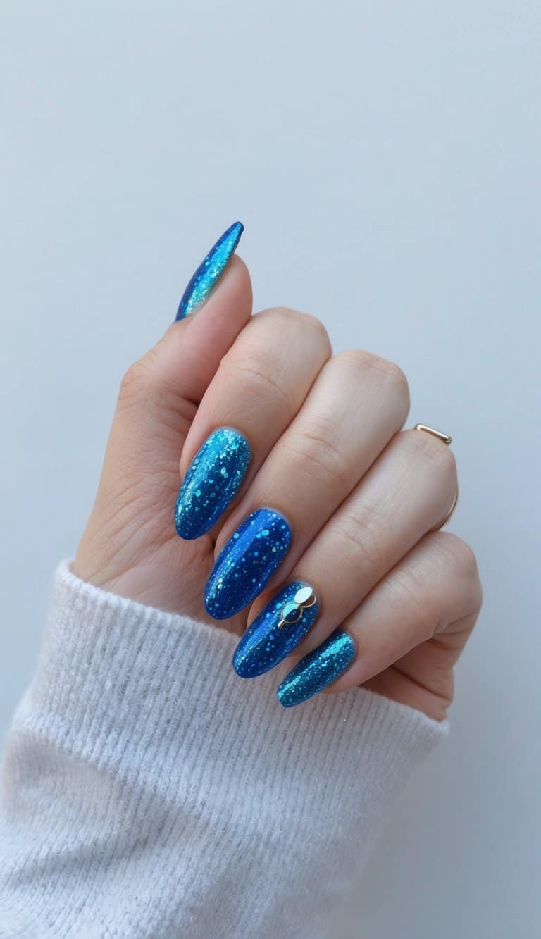 Stylish sapphire blue nails with a glittery finish and metallic embellishment, creating a trendy and bold nail art idea.