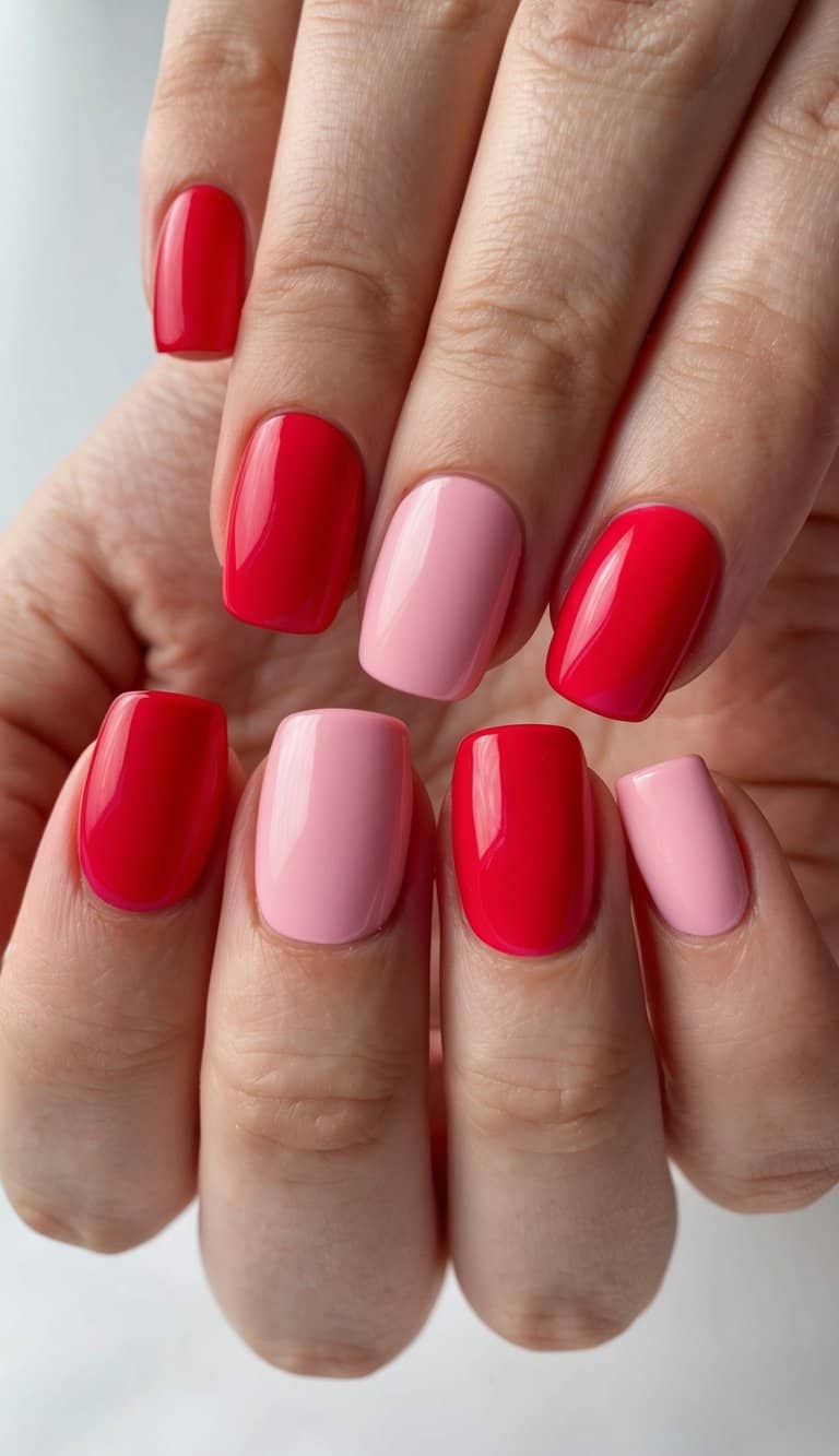 A close-up of red and pink hearts on a vibrant red nail background