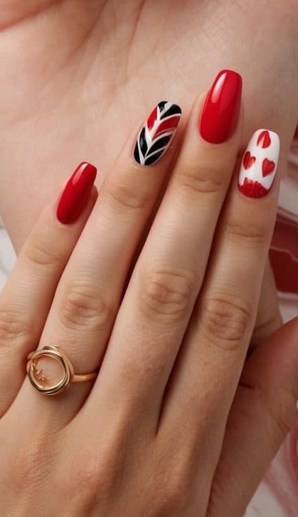 A red marble background with 50 unique red nail art designs displayed in a charming and bold manner