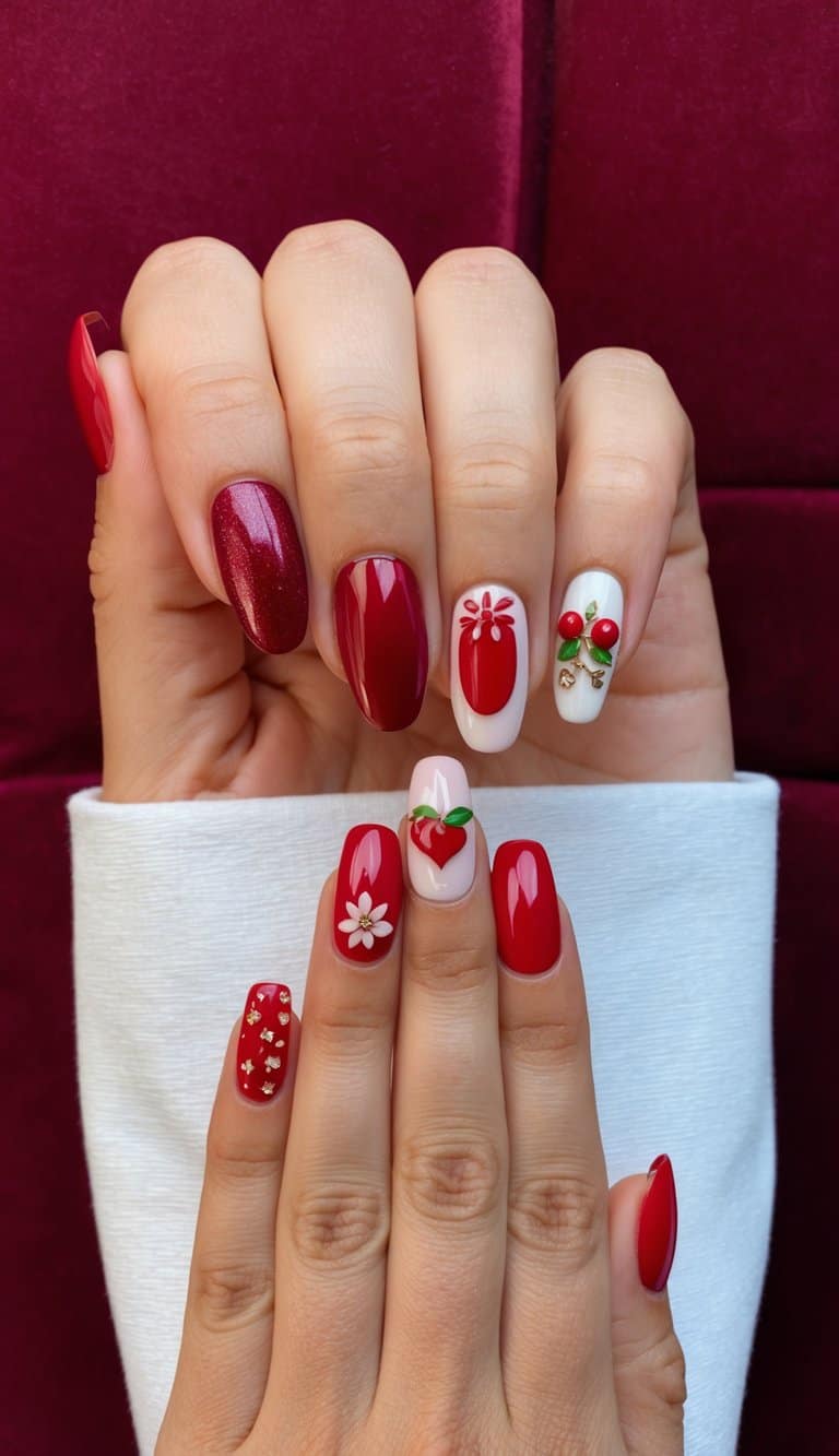 A wine red velvet background with various cute red nail art designs arranged in a charming and bold display
