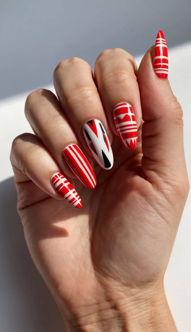 A close-up of red tribal prints on nails, with various cute and bold designs