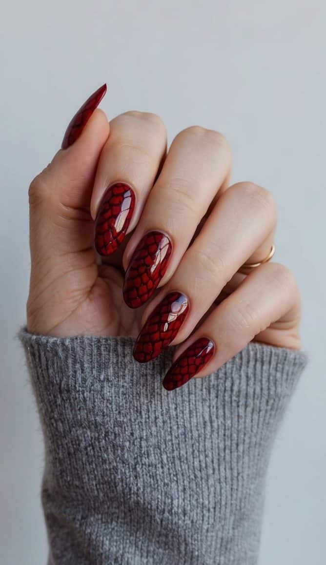 A sanguine serpentine with charming red nail art, bold and cute