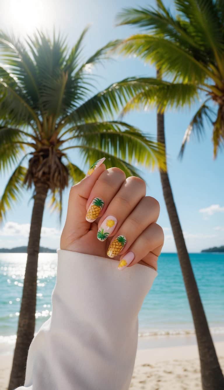 Fun and tropical summer nails featuring bright yellow pineapples, perfectly paired with cute sunglasses for a sunny, vacation-ready look.