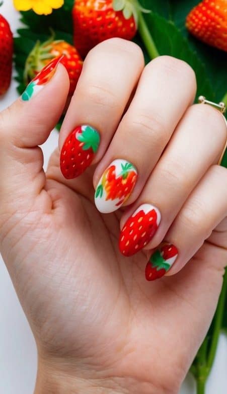 Vibrant red strawberries scattered on short nails evoke a cheerful and summery vibe