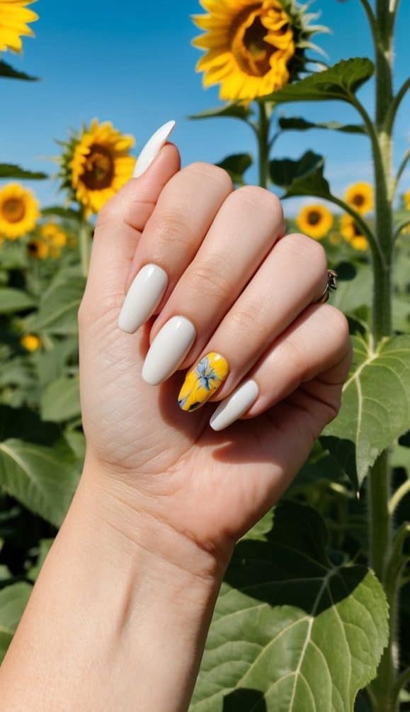 White summer nails with a bright sunflower accent nail, featuring yellow and blue floral details for a fresh and sunny manicure.