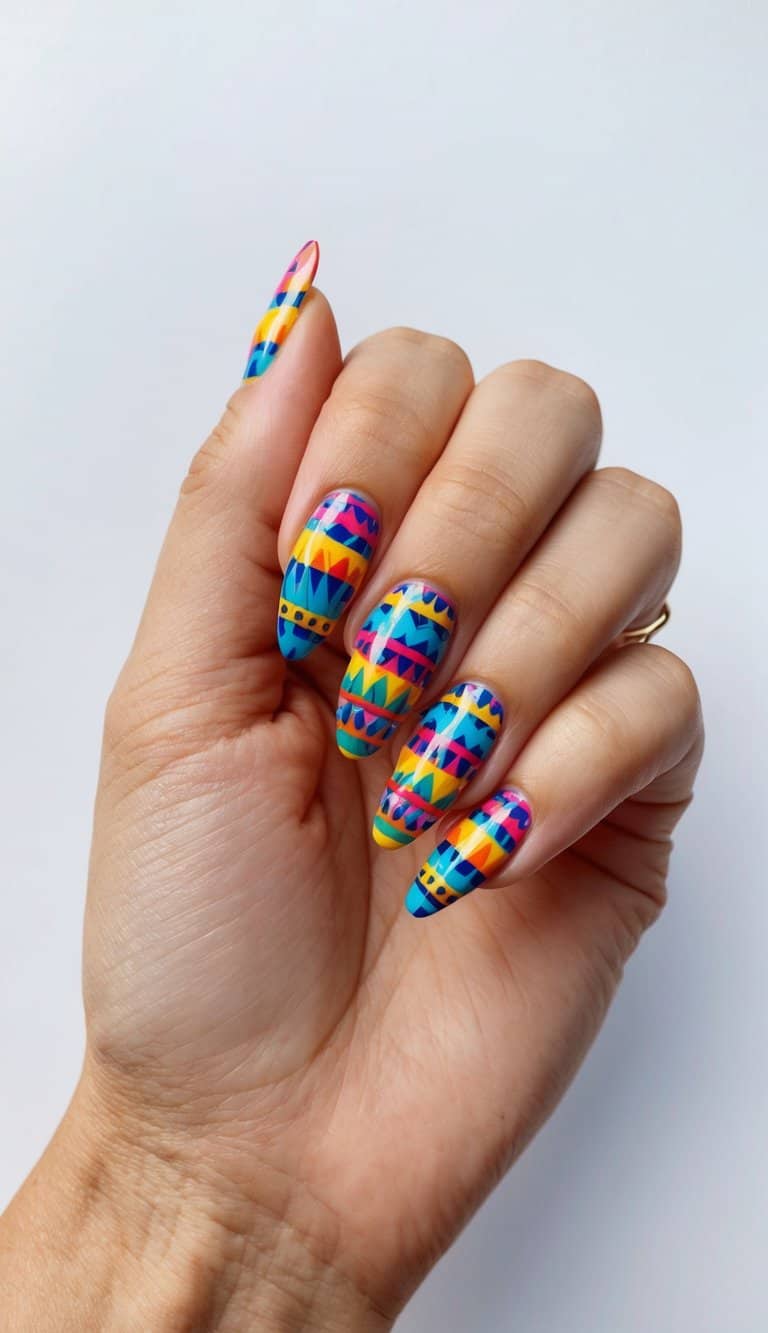 Vibrant Aztec patterns adorn a set of colorful nails, evoking a lively and summery vibe