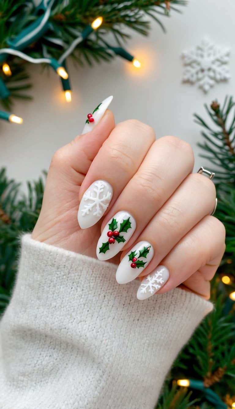 A cozy winter scene with snowflakes, holly, and festive ornaments, set against a backdrop of twinkling lights and evergreen branches