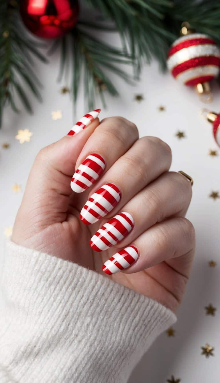 A festive nail art design featuring candy cane stripes in red and white on a December-themed background