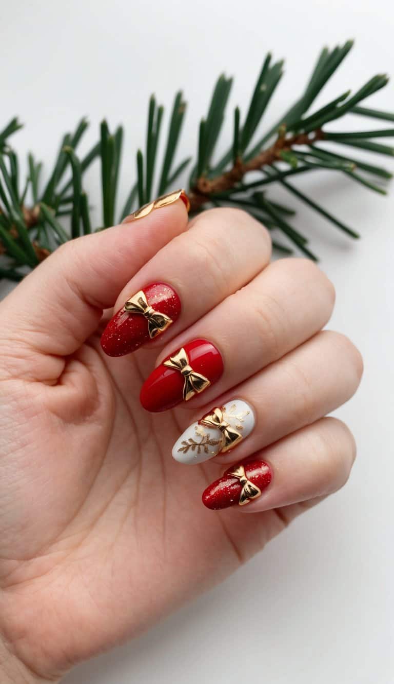 Red and white nails adorned with festive golden December nail art