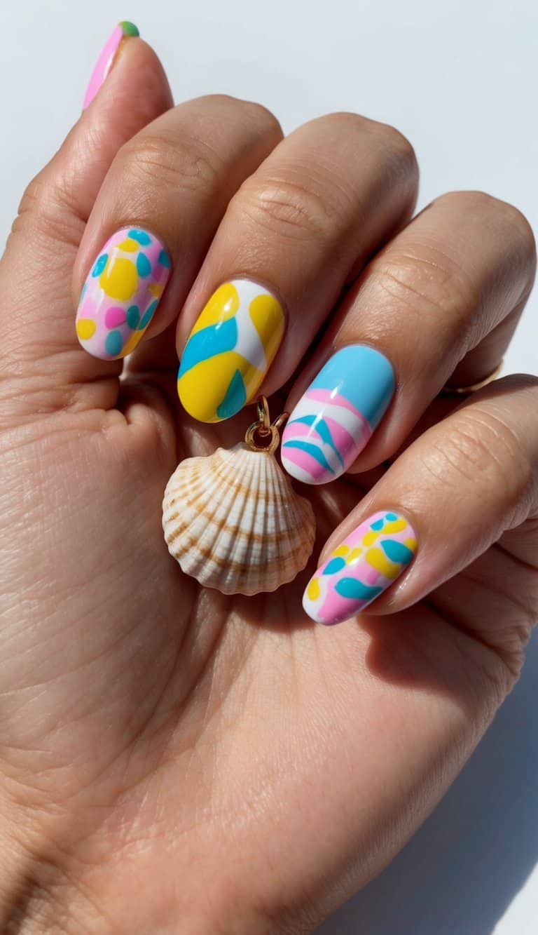 Pastel beach-themed nail art with abstract waves, colorful dots, and soft pink, blue, and yellow shades, complemented by a seashell accent.