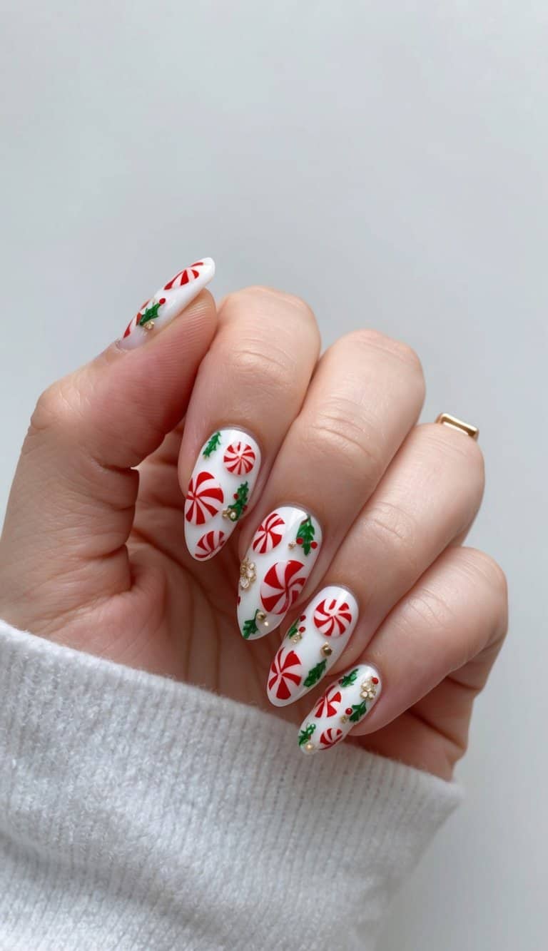 A festive nail art design featuring peppermint swirls and December-themed elements