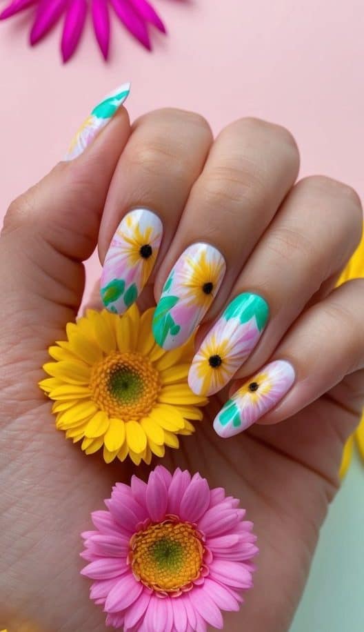 Pastel pink and yellow daisy nails with green leaf accents, creating a soft and cheerful summer-inspired floral manicure.