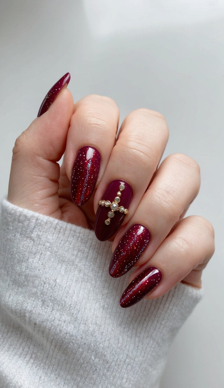 A festive nail art design featuring wineberry red and shimmering accents, evoking the spirit of December celebrations