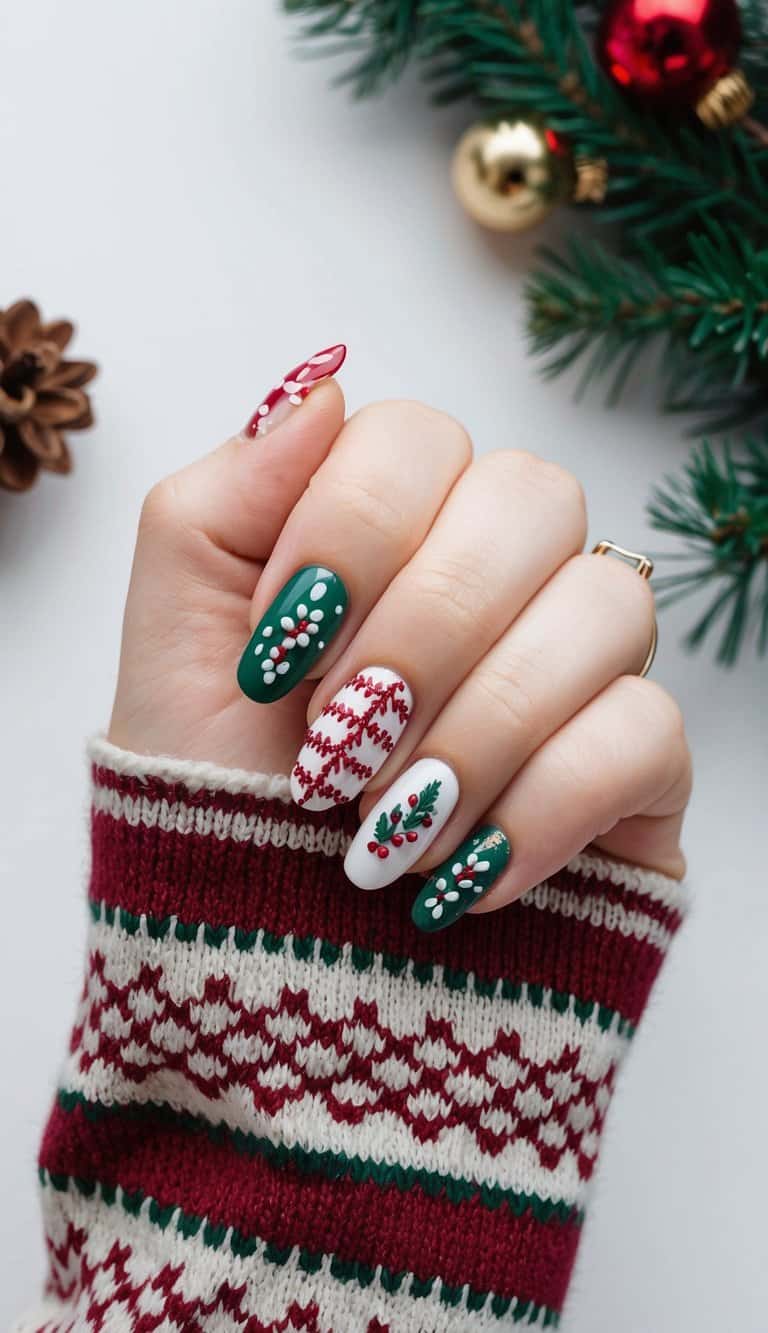 A sophisticated December nail look with dark green and white hues, decorated with Nordic sweater details, holly, and festive berries for a perfect holiday-inspired manicure.