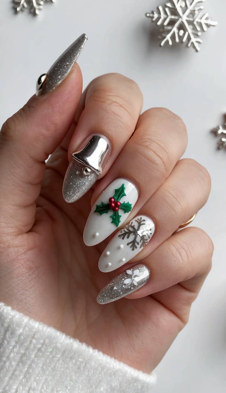 Blends white and silver hues with intricate snowflakes, 3D holly, pearl details, and a statement chrome bell charm—perfect for a stylish winter manicure.
