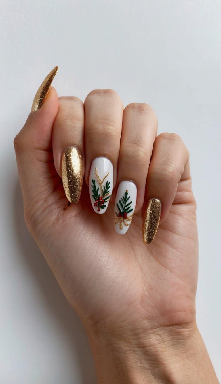 A winter nail design with gold shimmer nails and white accent nails, embellished with hand-painted evergreen branches, tiny red holly berries, and elegant gold ribbon details for a classy December look.