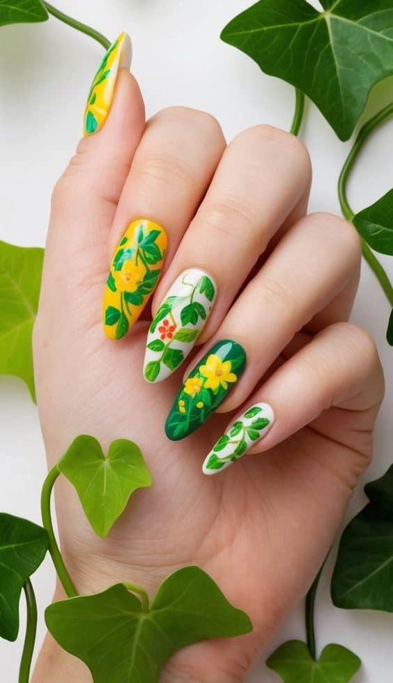 Floral summer nail art featuring green leaves, yellow flowers, and vine patterns on a mix of white, green, and yellow backgrounds.