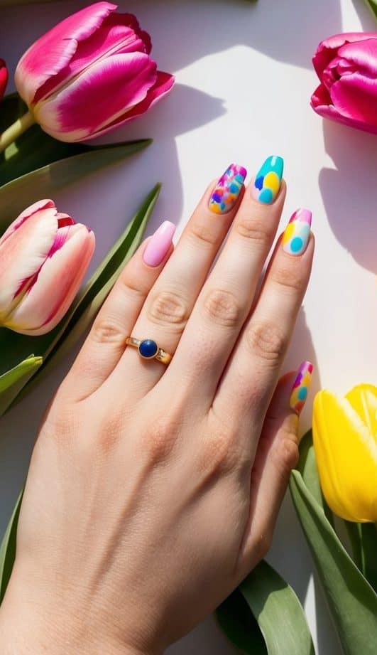 A playful summer nail art featuring soft pink, abstract blue and yellow designs, and watercolor swirls, surrounded by pink and yellow tulips.
