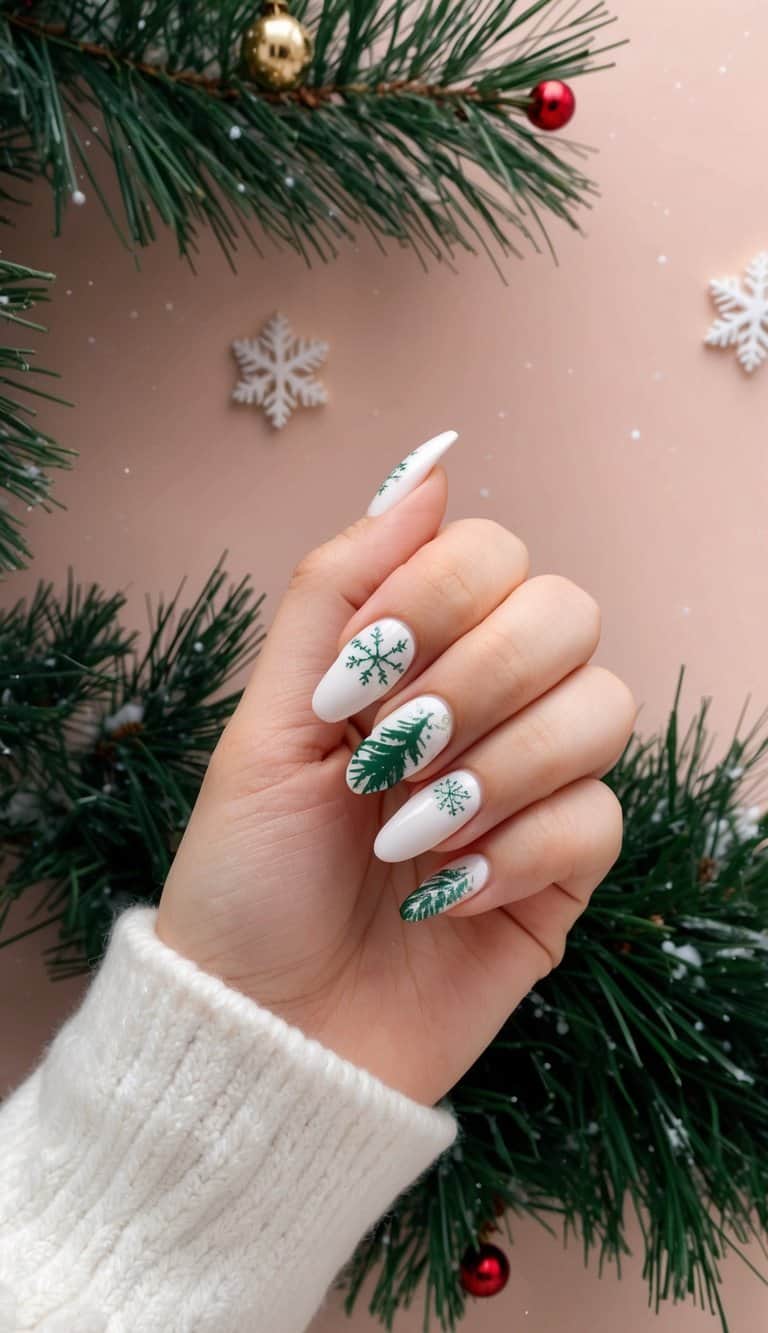 A stylish holiday nail design featuring white nails with hand-painted green pine trees, delicate snowflakes, and subtle festive detailing, ideal for winter.