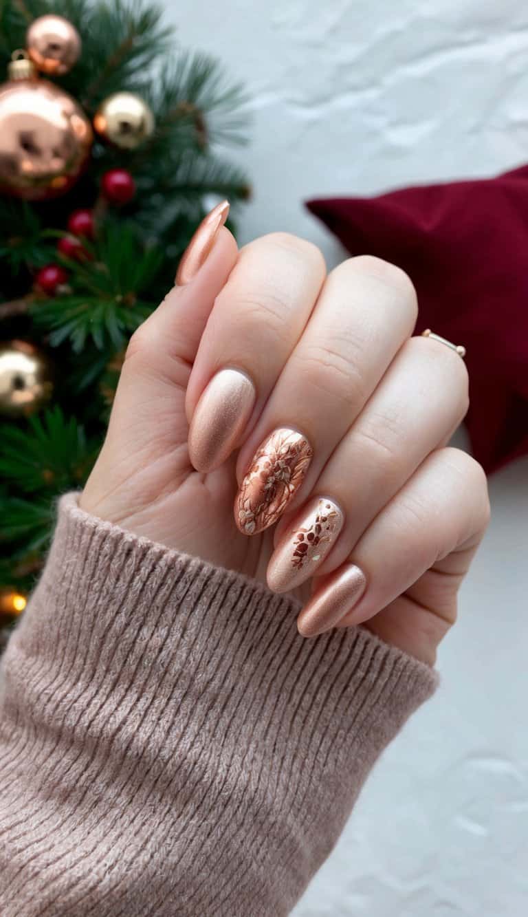 A cozy December scene with warm copper glow nail art on a festive background