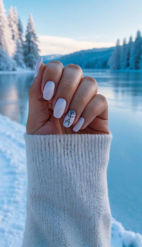 A cozy winter nail design with white nails and a black tree accent, reflecting the serene beauty of a snowy December day.