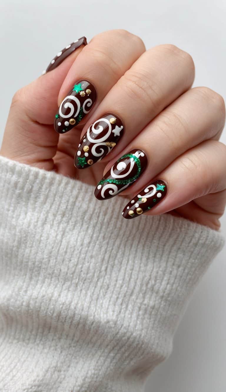 A cozy and festive nail design with chocolate brown nails, white swirls, gold details, and green glitter accents for a December holiday look.