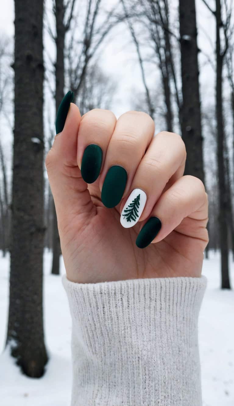 Elegant holiday nails with deep green matte polish and a white accent nail decorated with a small festive tree, perfect for a subtle winter look.